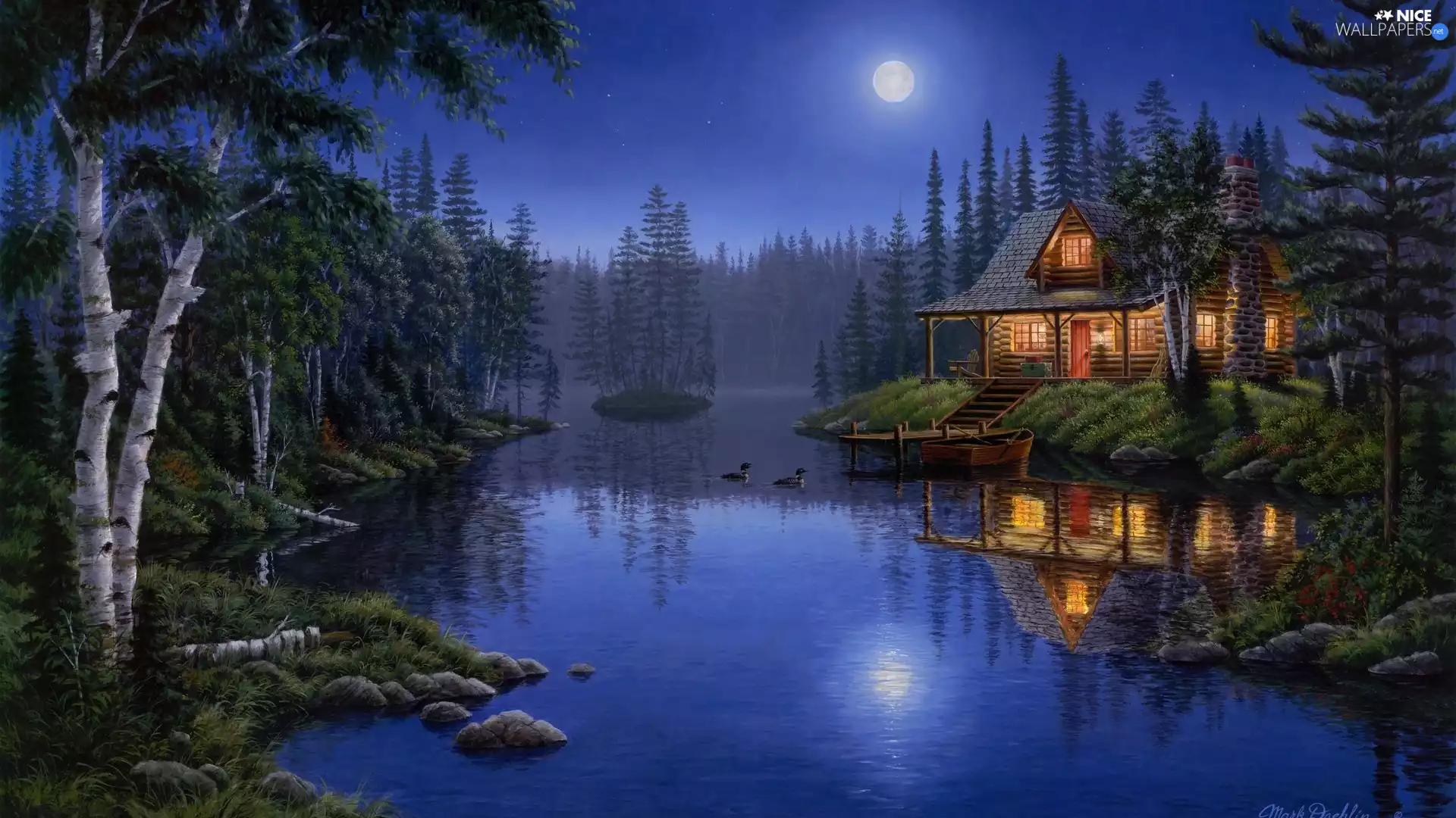 forest, house, moon, Mark Daehlin, Night, lake