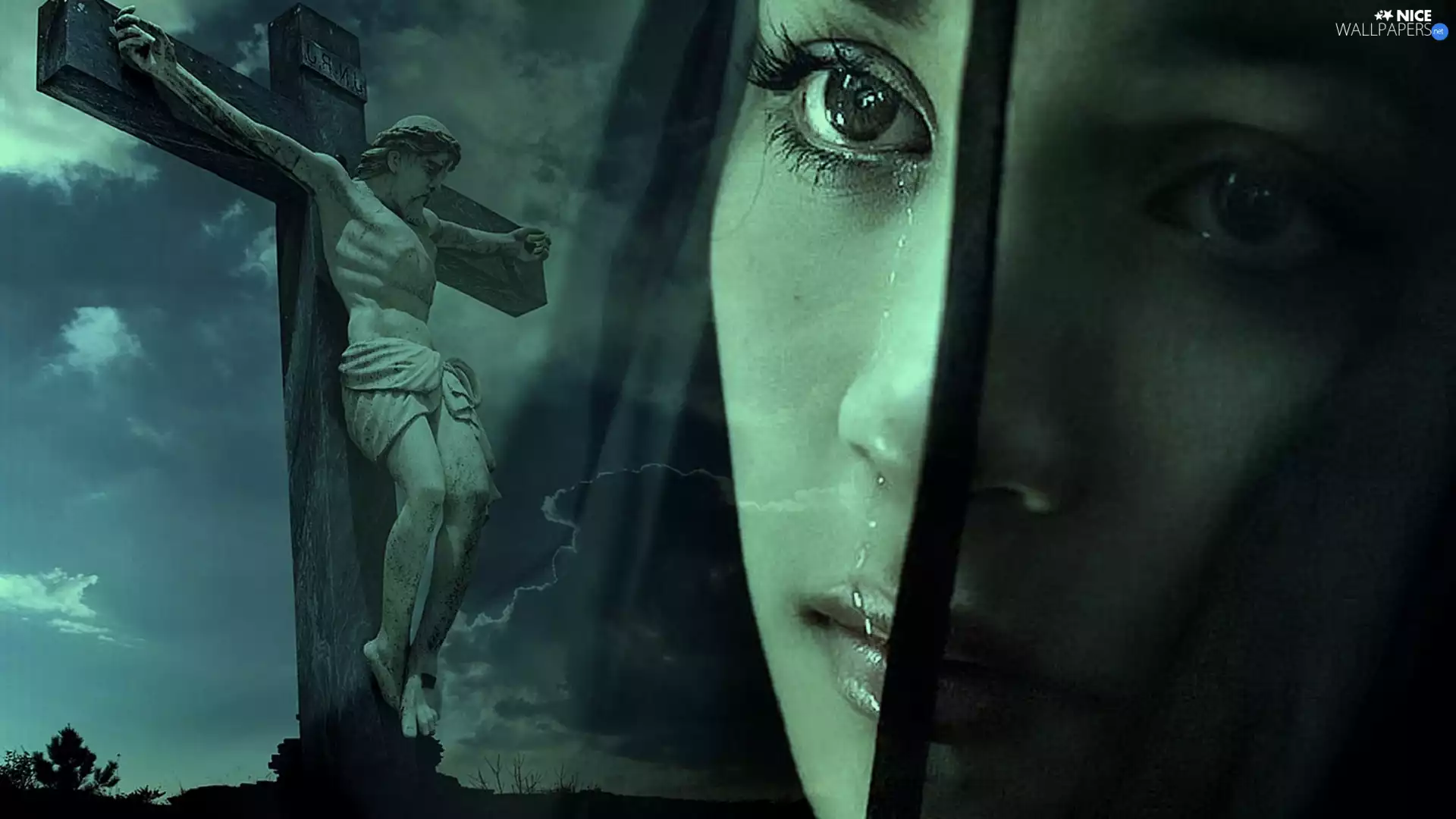 Crying, crucified, Jesus, Mary