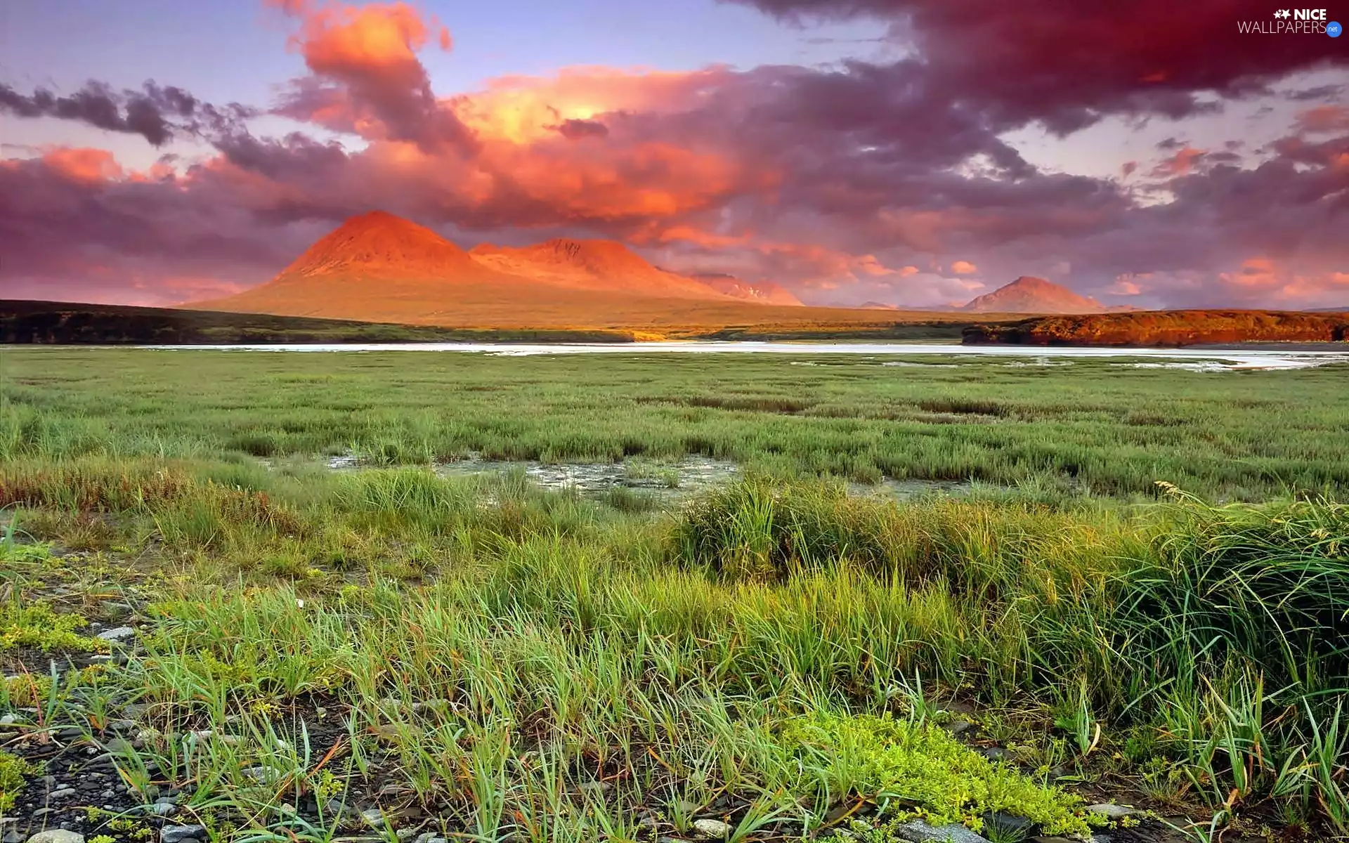 swampy, Meadow, clouds, Mountains, Red