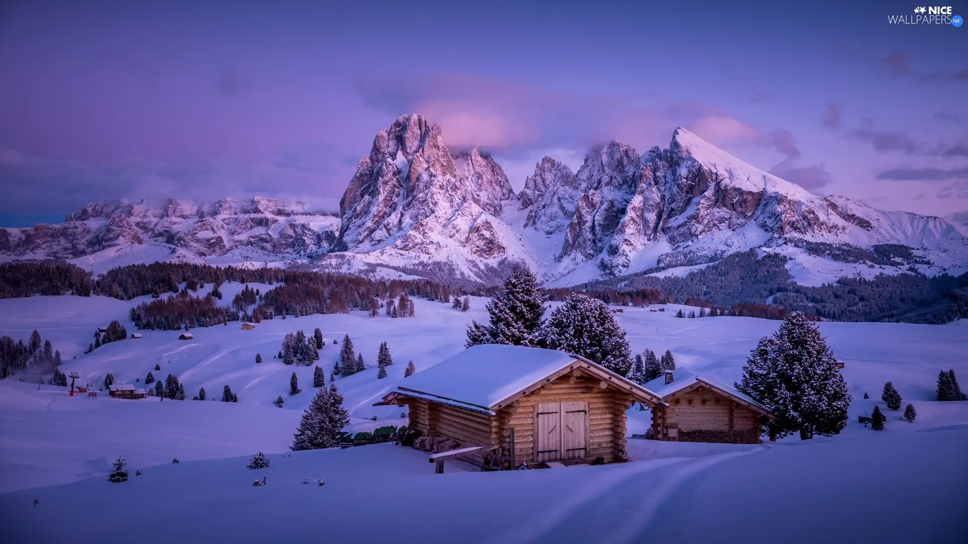 Trentino-Alto Adige, Italy, Dolomites Mountains, Seiser Alm Meadow, Houses, clouds, trees, viewes, winter