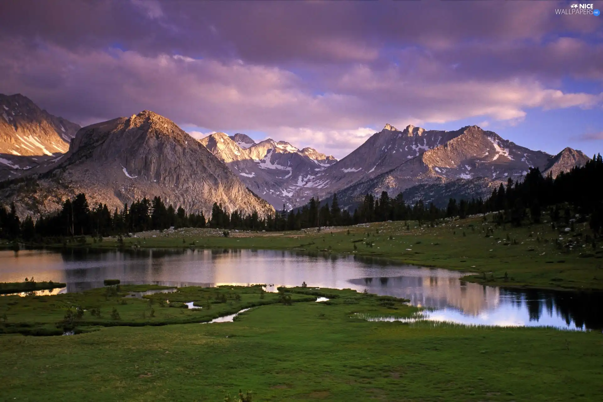 Meadow, Mountains, lake