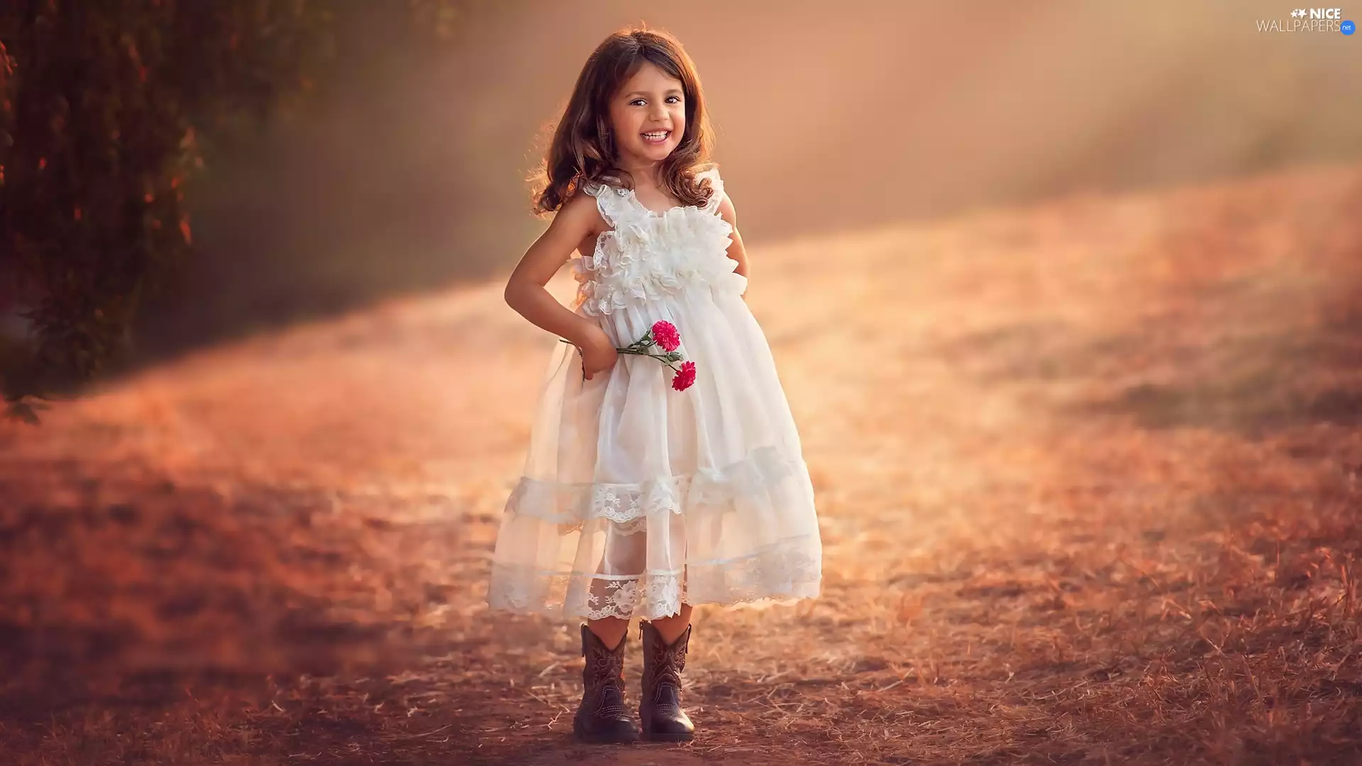 car in the meadow, dress, Flowers, girl