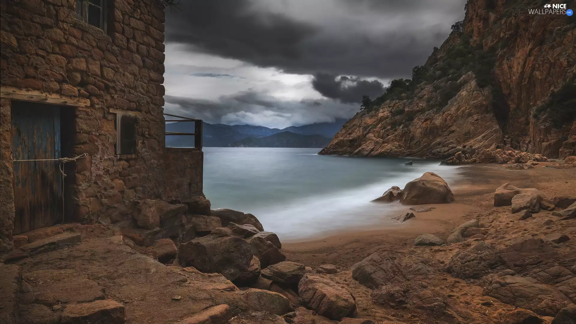 Stones, Coast, house, rocks, Corsica, Old car, Mediterranean