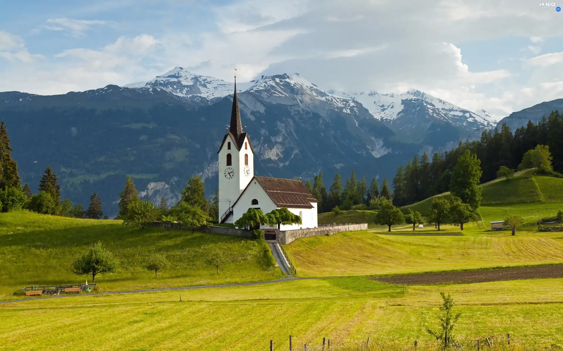 church, woods, medows, Mountains