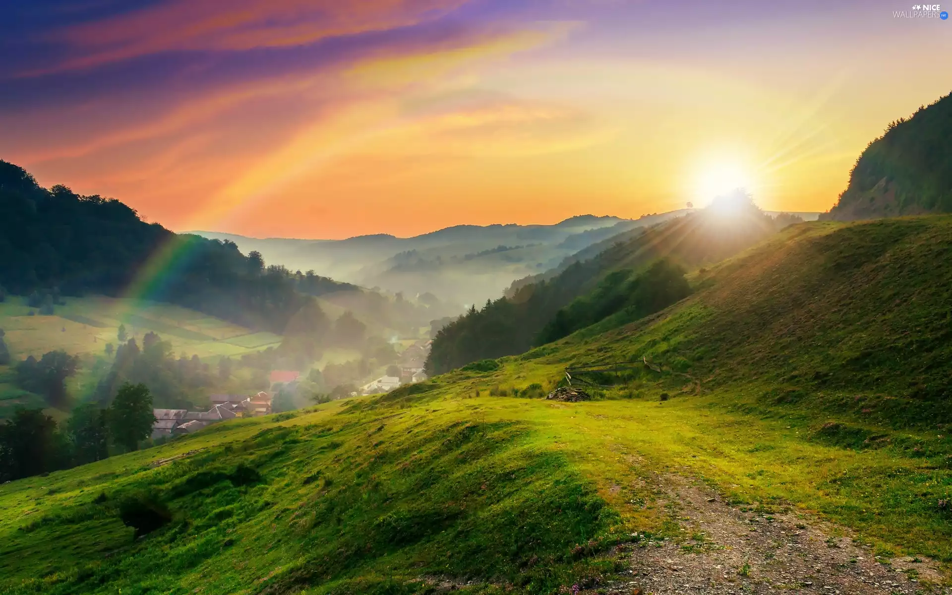 medows, Town, sun, Fog, rays, woods, Mountains, Great Rainbows