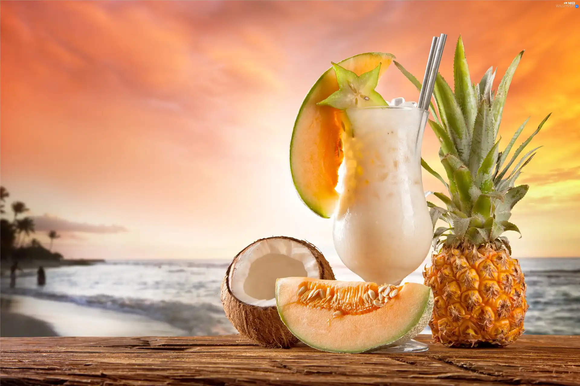 Coconut, holiday, melon, Beaches, ananas, cocktail