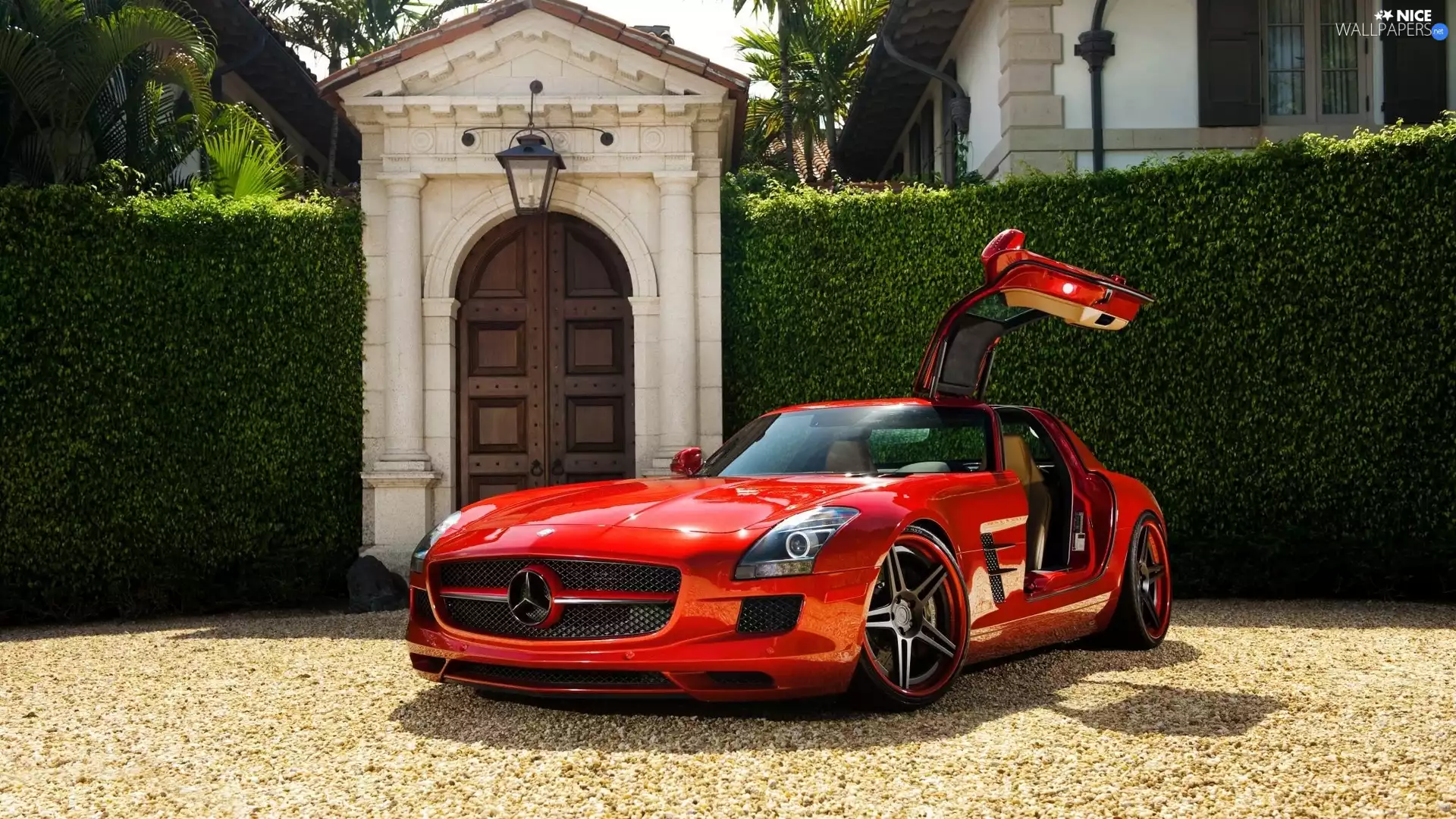 Red, Gate, hedge, Mercedes-Benz SLS AMG