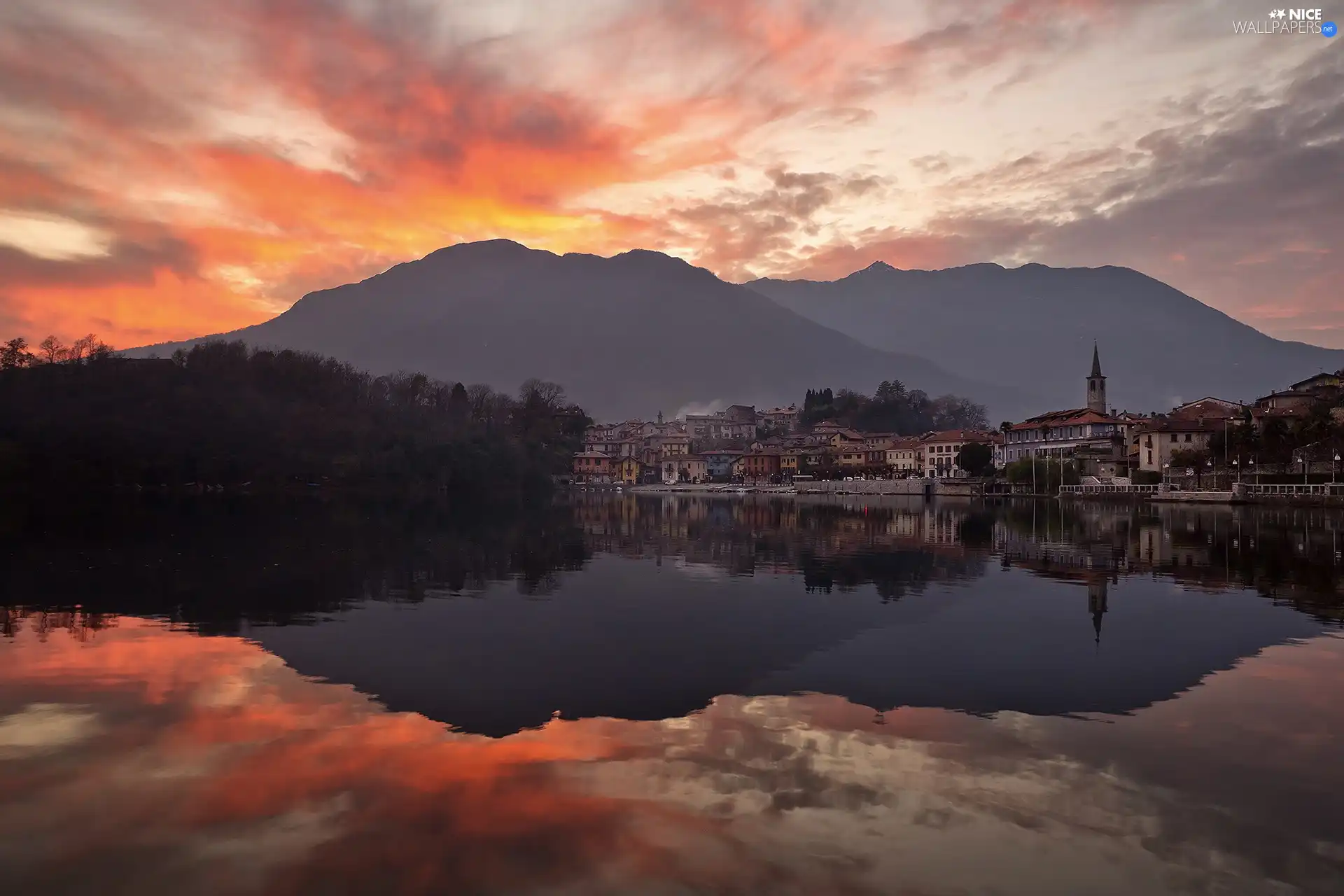 lake, west, Mergozzo, Italy, Town, sun