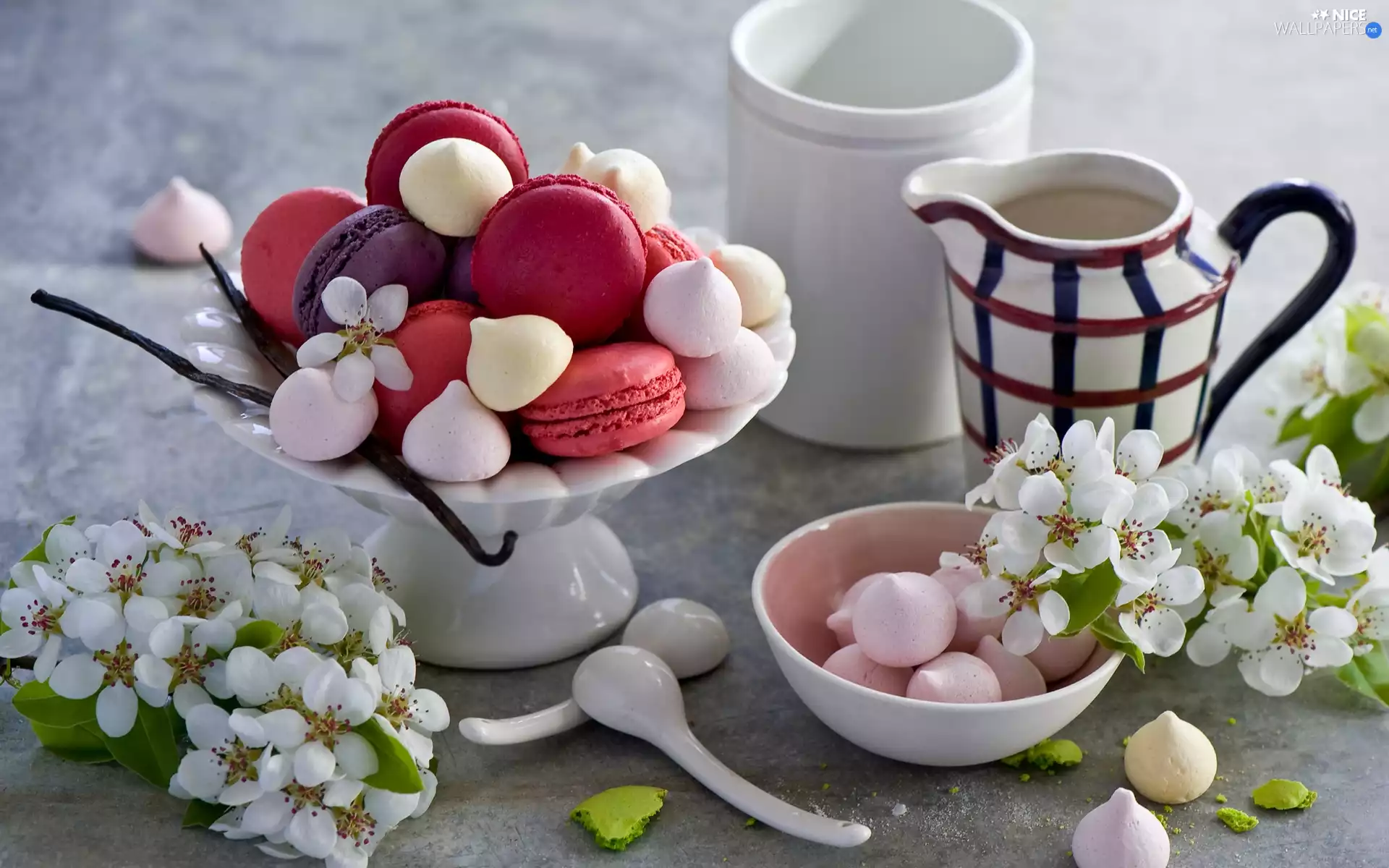 White, Macaroons, plateau, meringues, Cookies, Flowers, jug