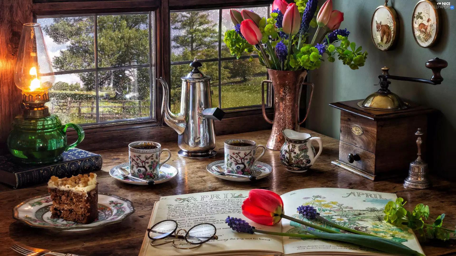 mill, coffee, Window, cake, Glasses, Oil Lamp, Tulips, Book