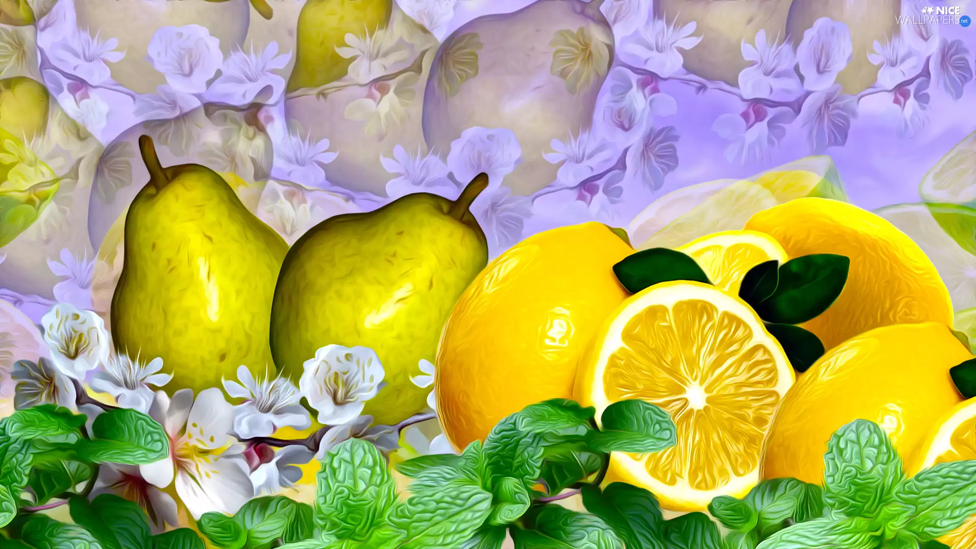 Flowers, graphics, lemons, mint, truck concrete mixer