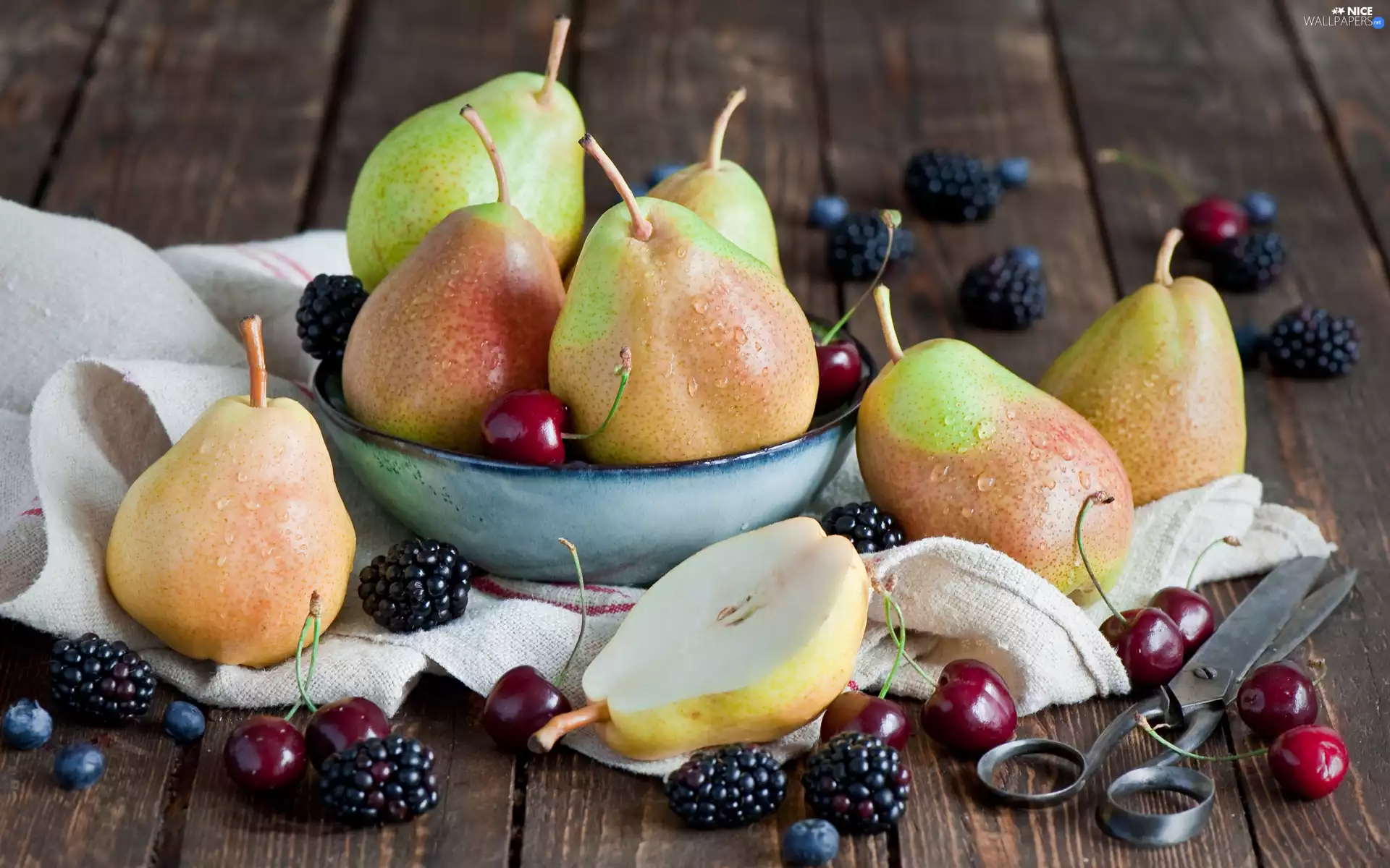 blackberry, composition, bowl, scissors, cherries, truck concrete mixer