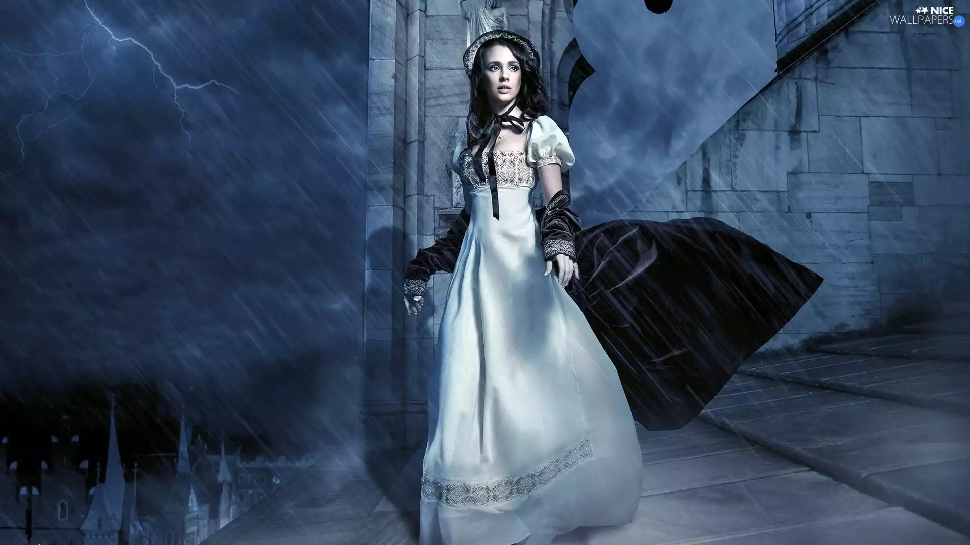 style, Stairs, Rain, mode, girl, Storm, lightning