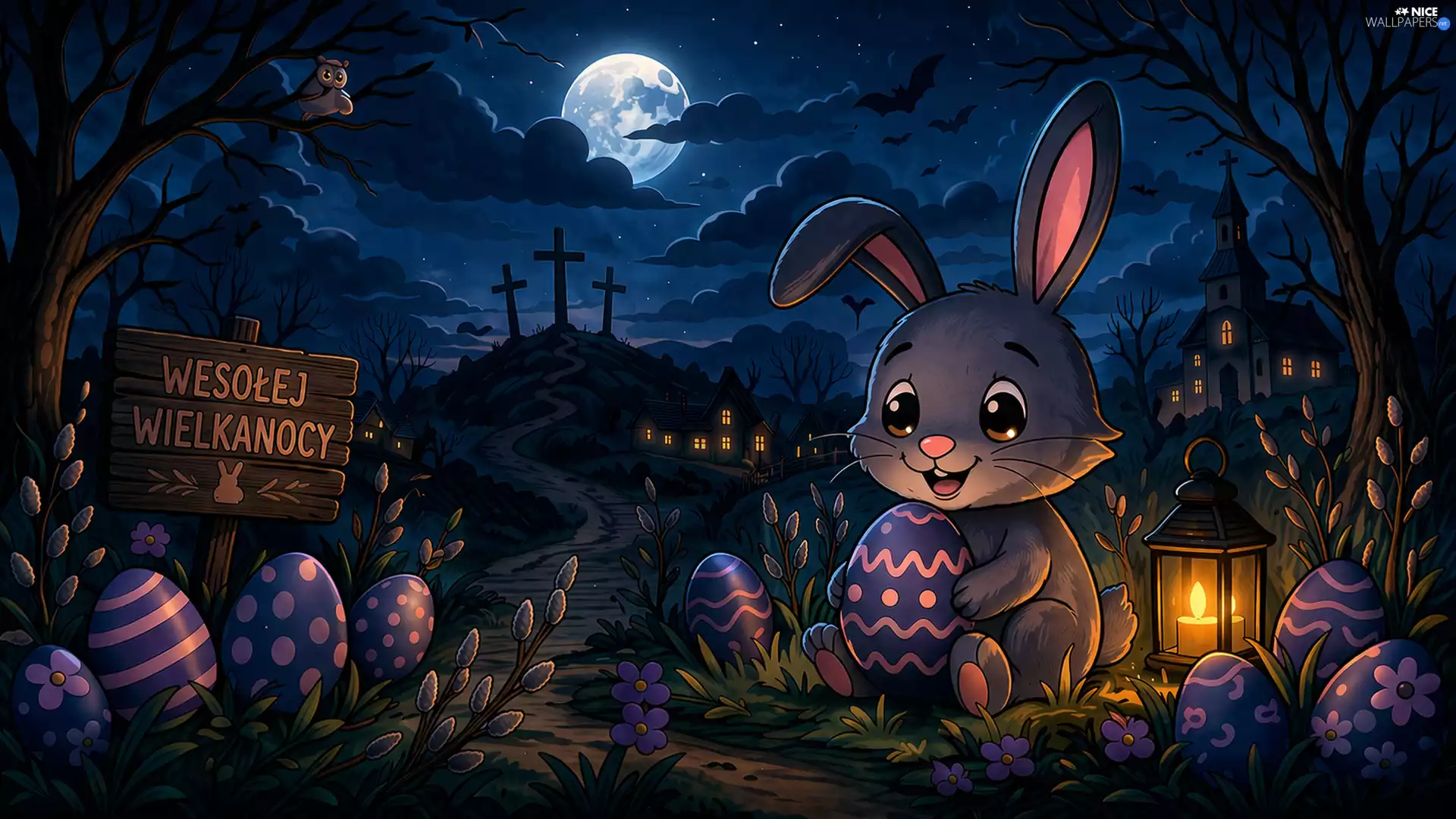 moon, rabbit, dark, crosses, Night, Easter, eggs, lantern, Church, eggs