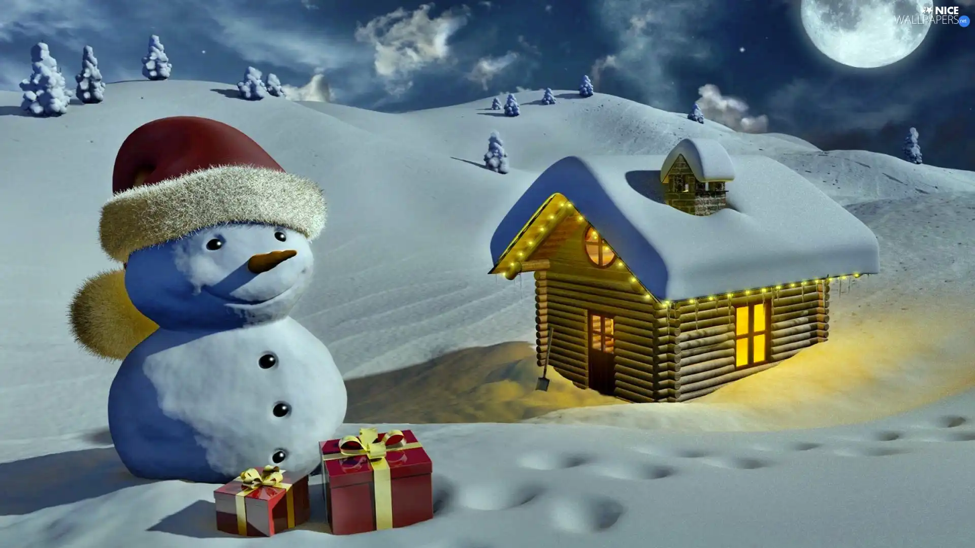 festive, Home, moon, Snowman