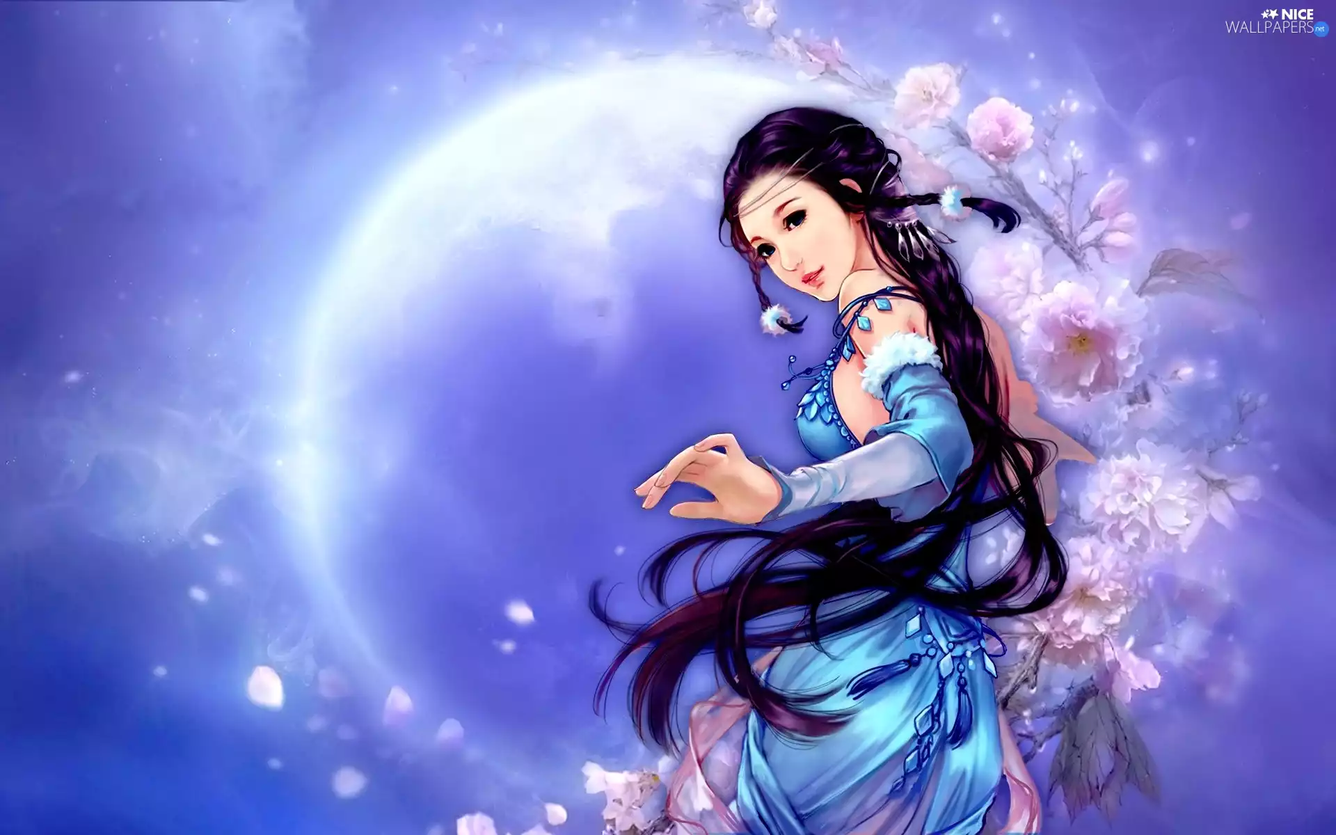 moon, Women, Flowers