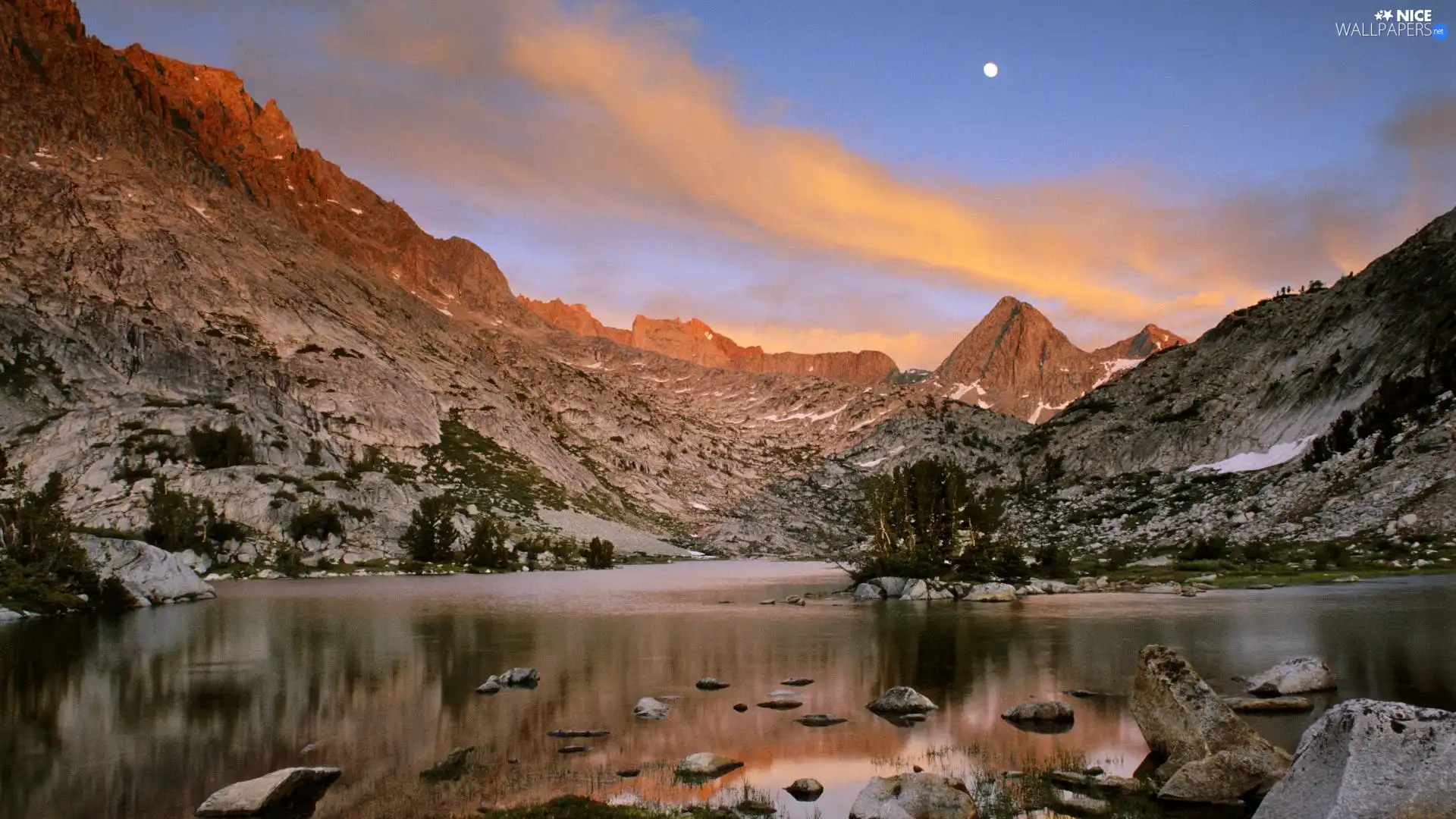 lake, Sky, moon, Mountains