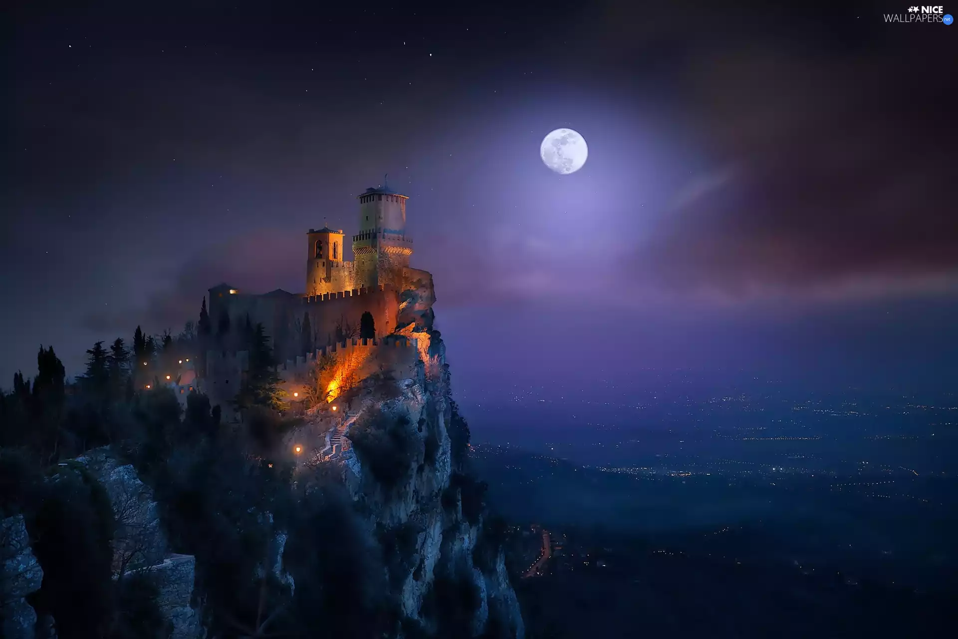 Castle, moon, Night, San Marino