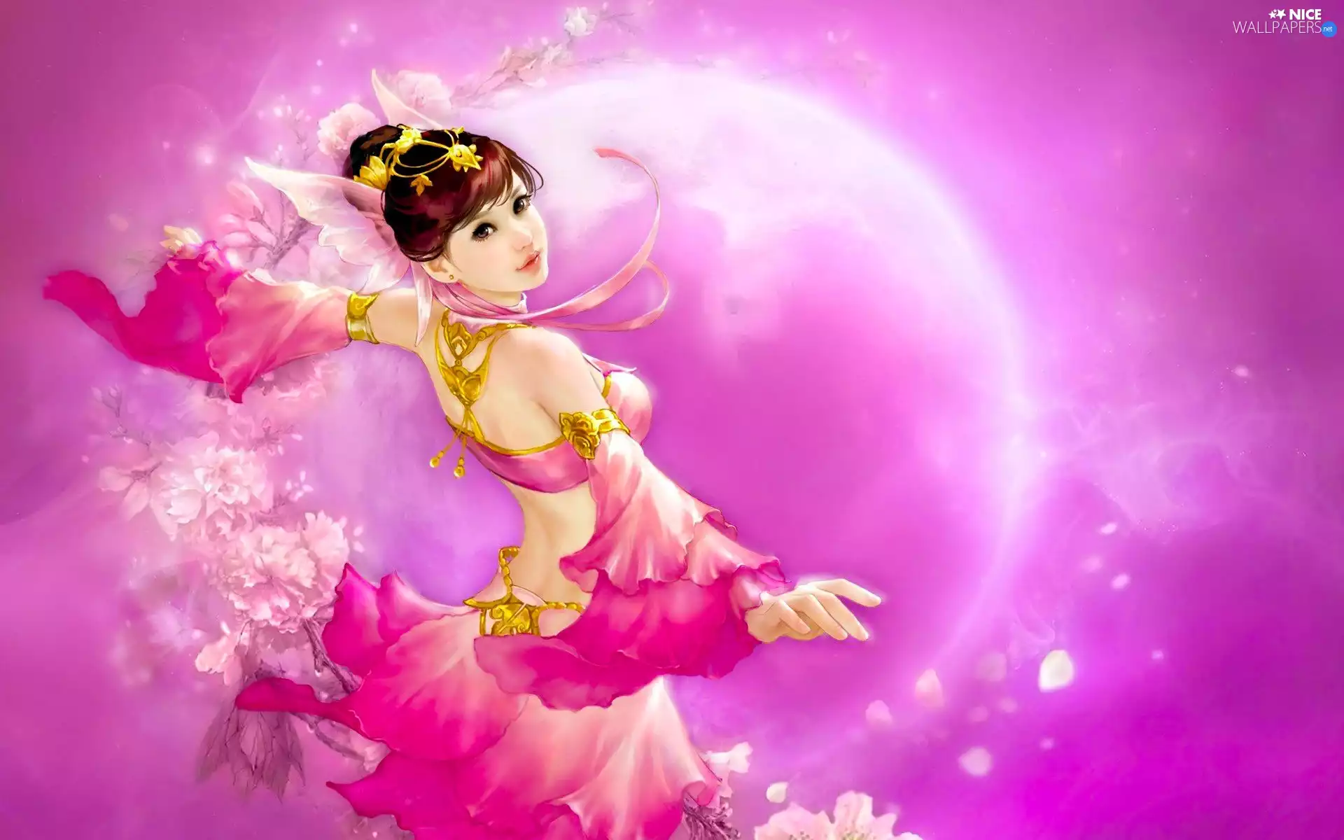 dress, moon, Women, Flowers, Anime