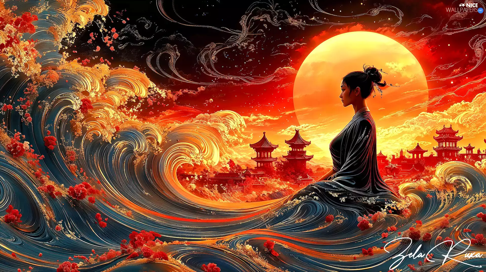 temple, moon, Women, Waves, graphics