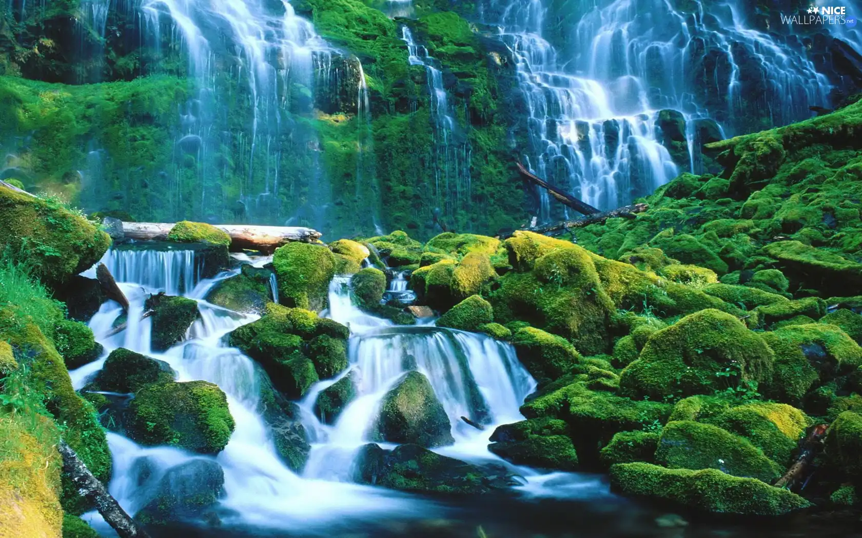 waterfall, cascade, Moss, green