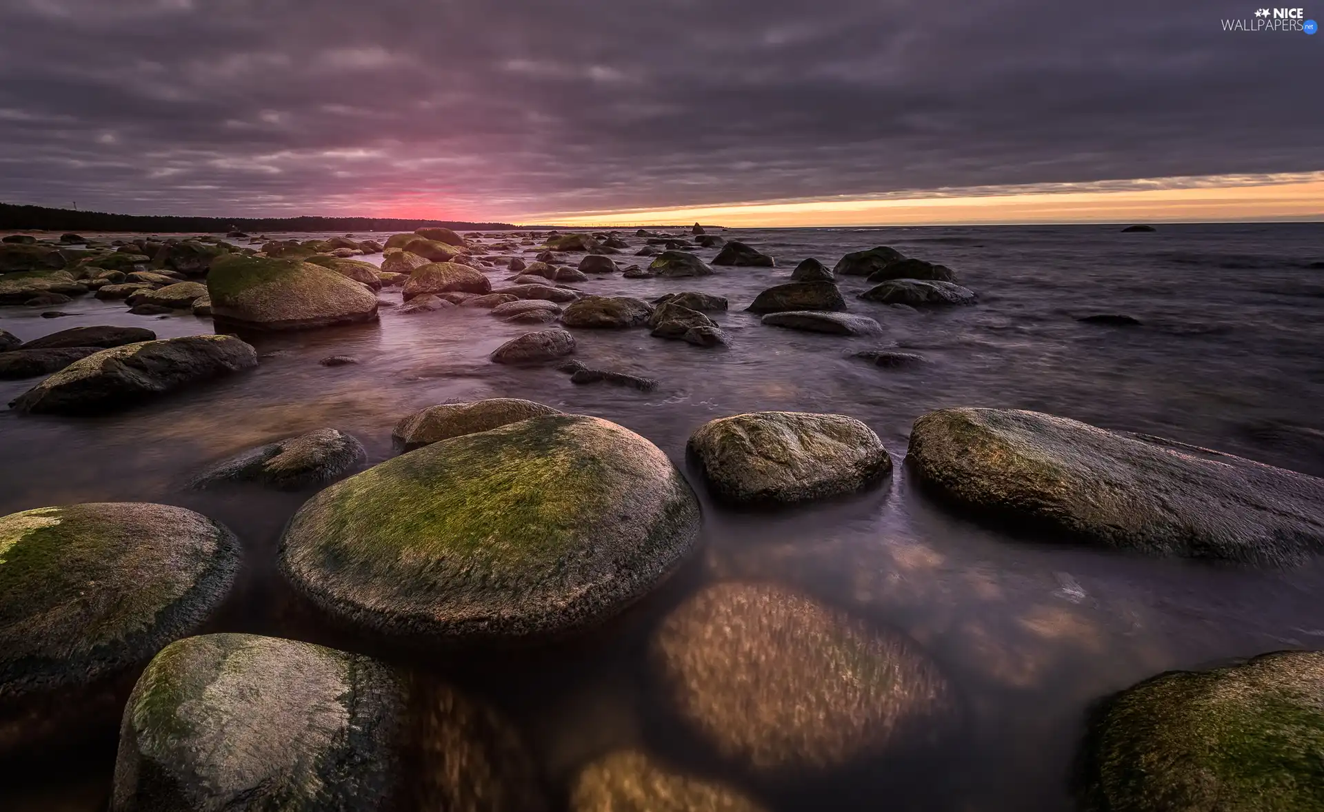 coast, Great Sunsets, mossy, Stones, sea