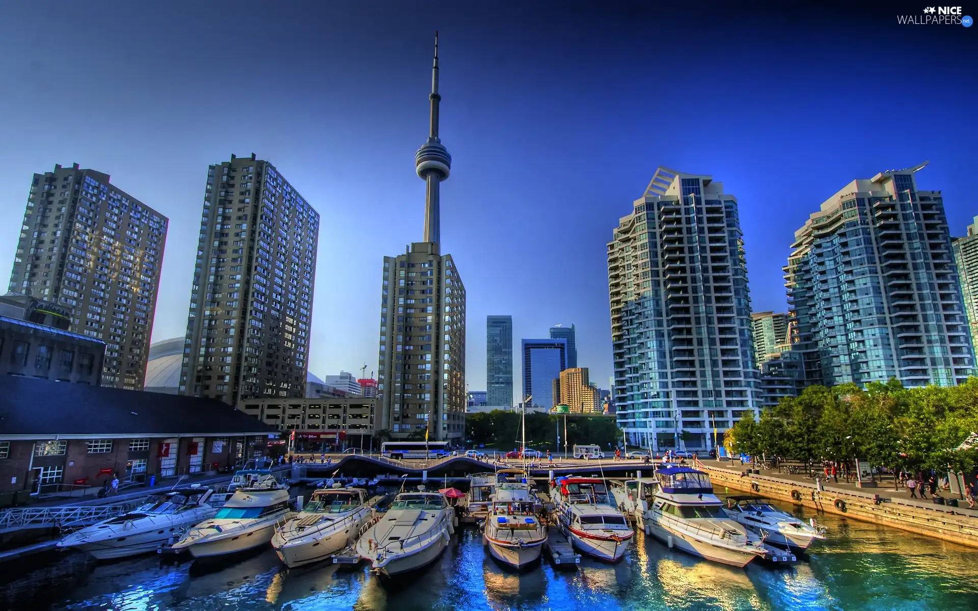 skyscrapers, Toronto, motorboat, clouds