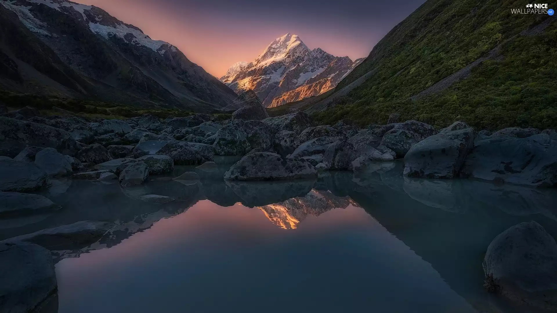 Mount Cook National Park, New Zeland, rocks, lake, Mountains