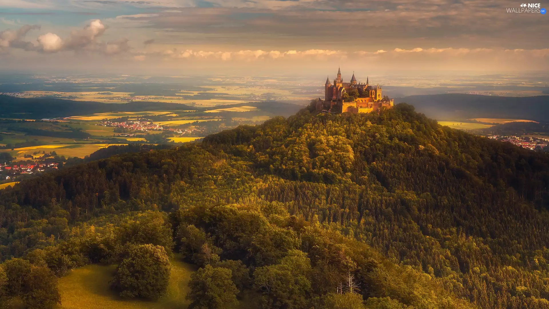 Hohenzollern Castle, Hohenzollern Mountain, trees, viewes, Baden-Württemberg, Germany, clouds, The Hills, Houses