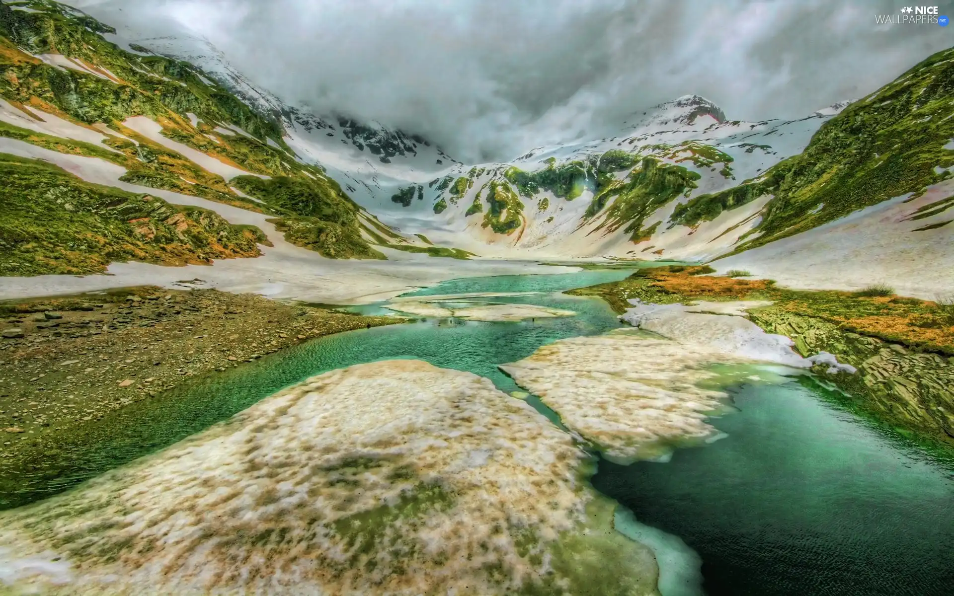 mountain, snow, Snowy, peaks, lake