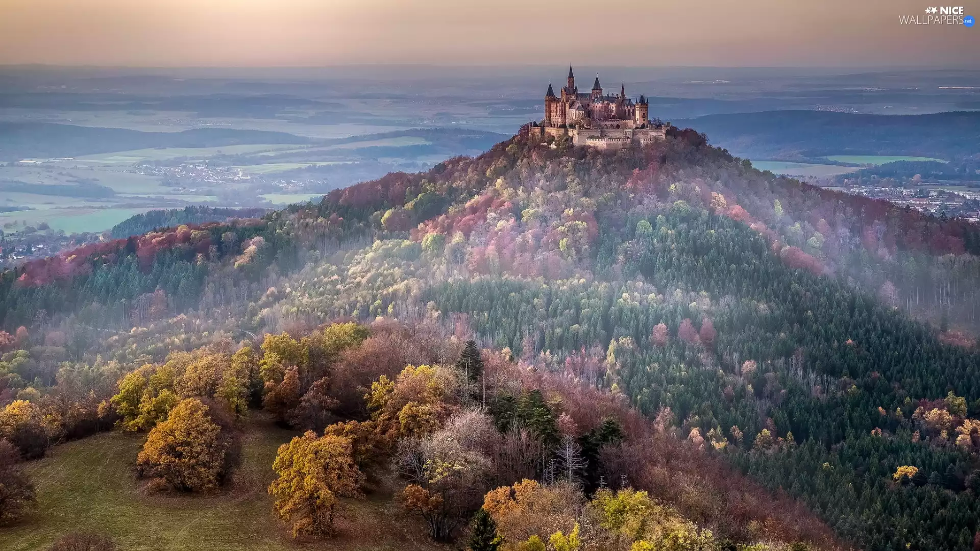 Hohenzollern Castle, Hohenzollern Mountain, autumn, trees, Baden-Württemberg, Germany, woods, The Hills, viewes