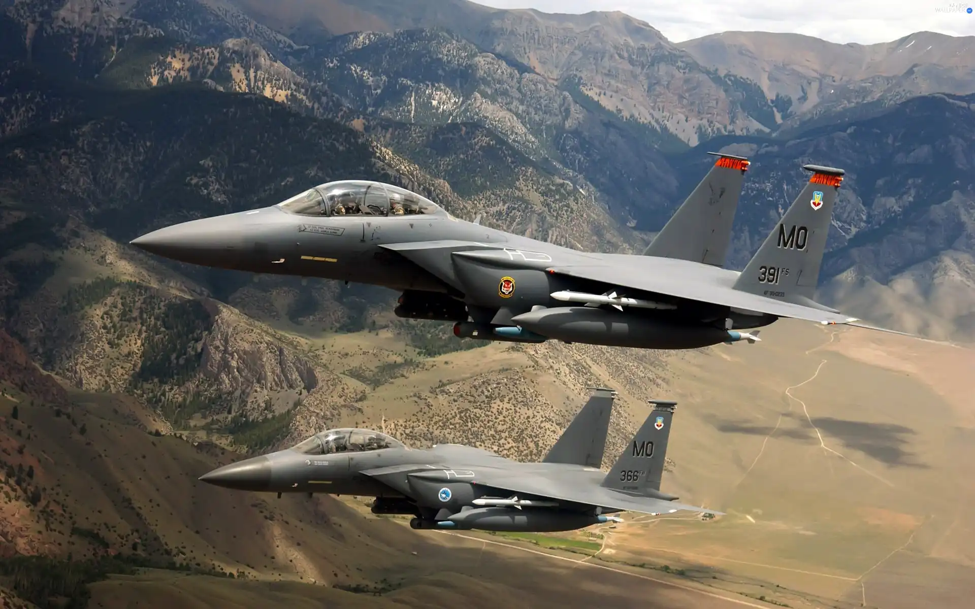 F-15, jets, Mountains