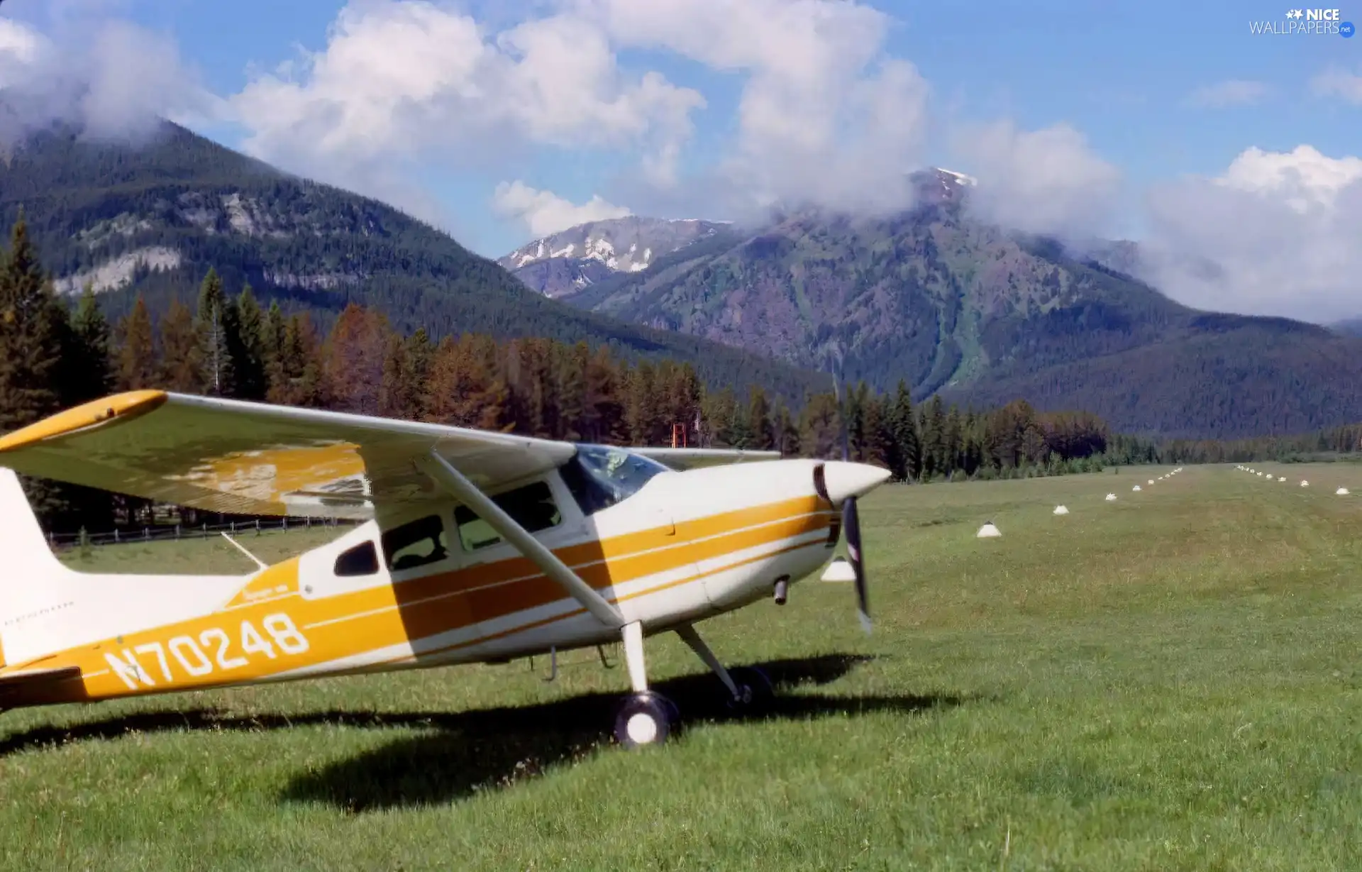 Cessna 185, airport, Mountains, grass