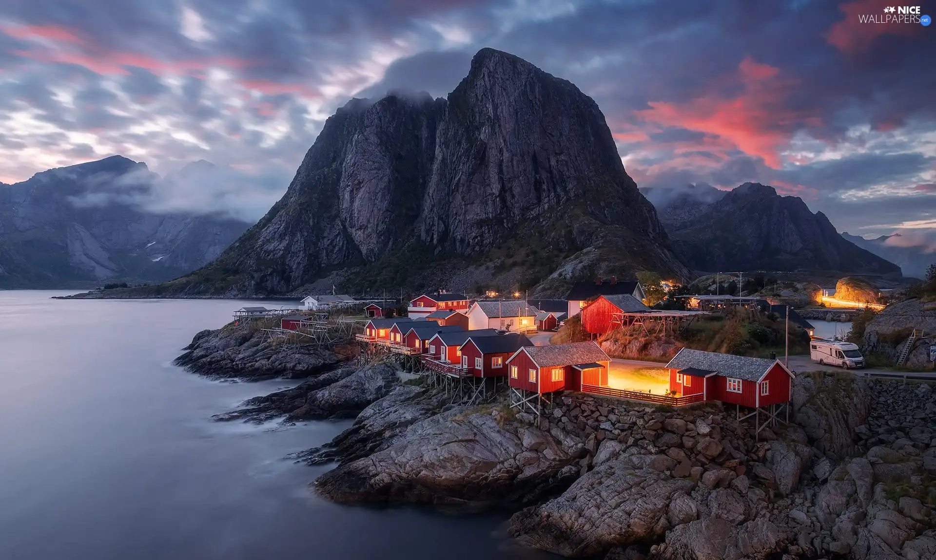 Lofoten, Norwegian Sea, Mountains, Houses, clouds, Norway, Village Hamnøy, rocks, light