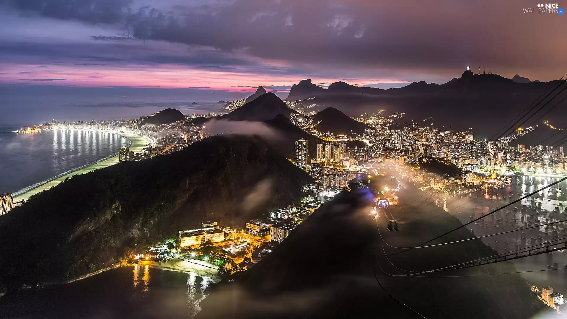 Mountains, sea, Rio de Janeiro, City at Night, Brazil