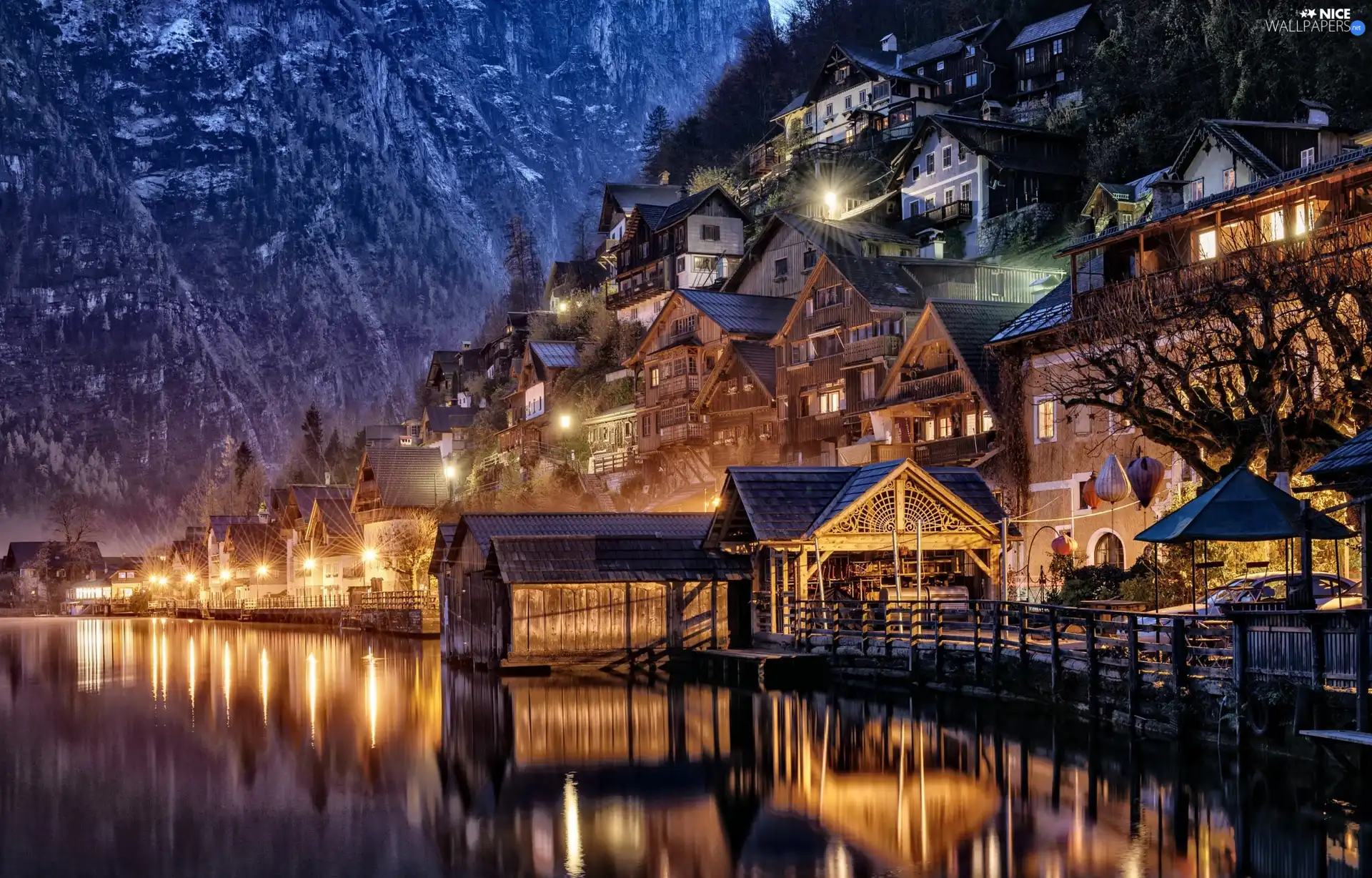 Mountains, Hallstatt, light, Hallstättersee Lake, Austria, Houses, evening