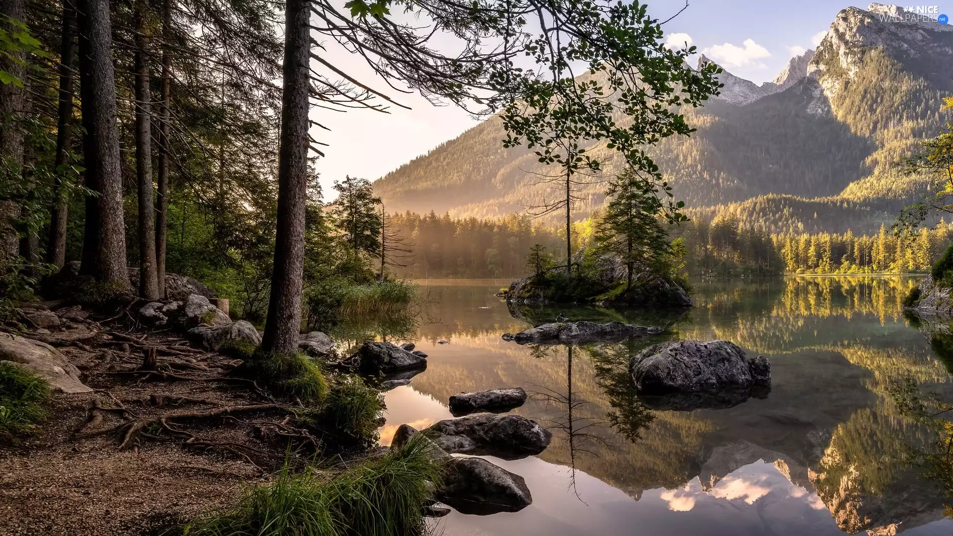 Mountains, Alps, viewes, Lake Hintersee, trees, Bavaria, Germany, rocks