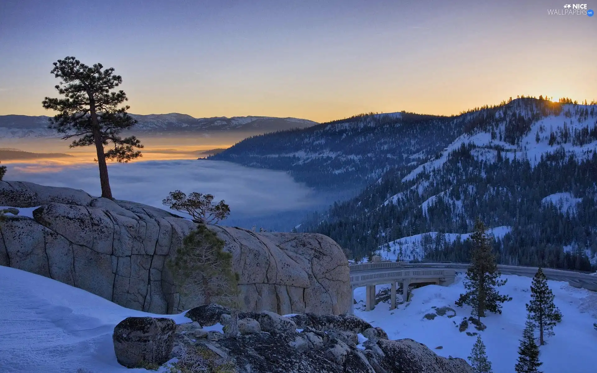 Mountains, bridges, Rocks, forested, winter