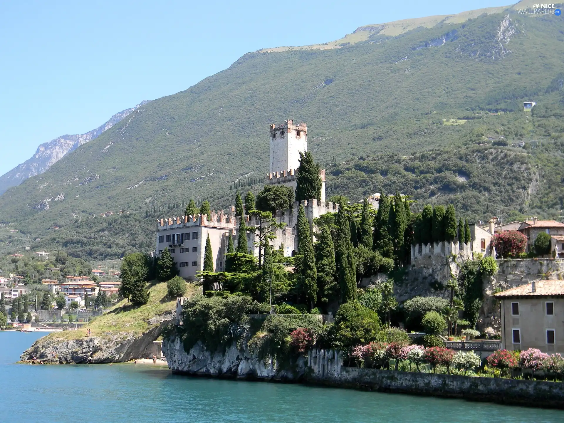 Mountains, lake, Castle