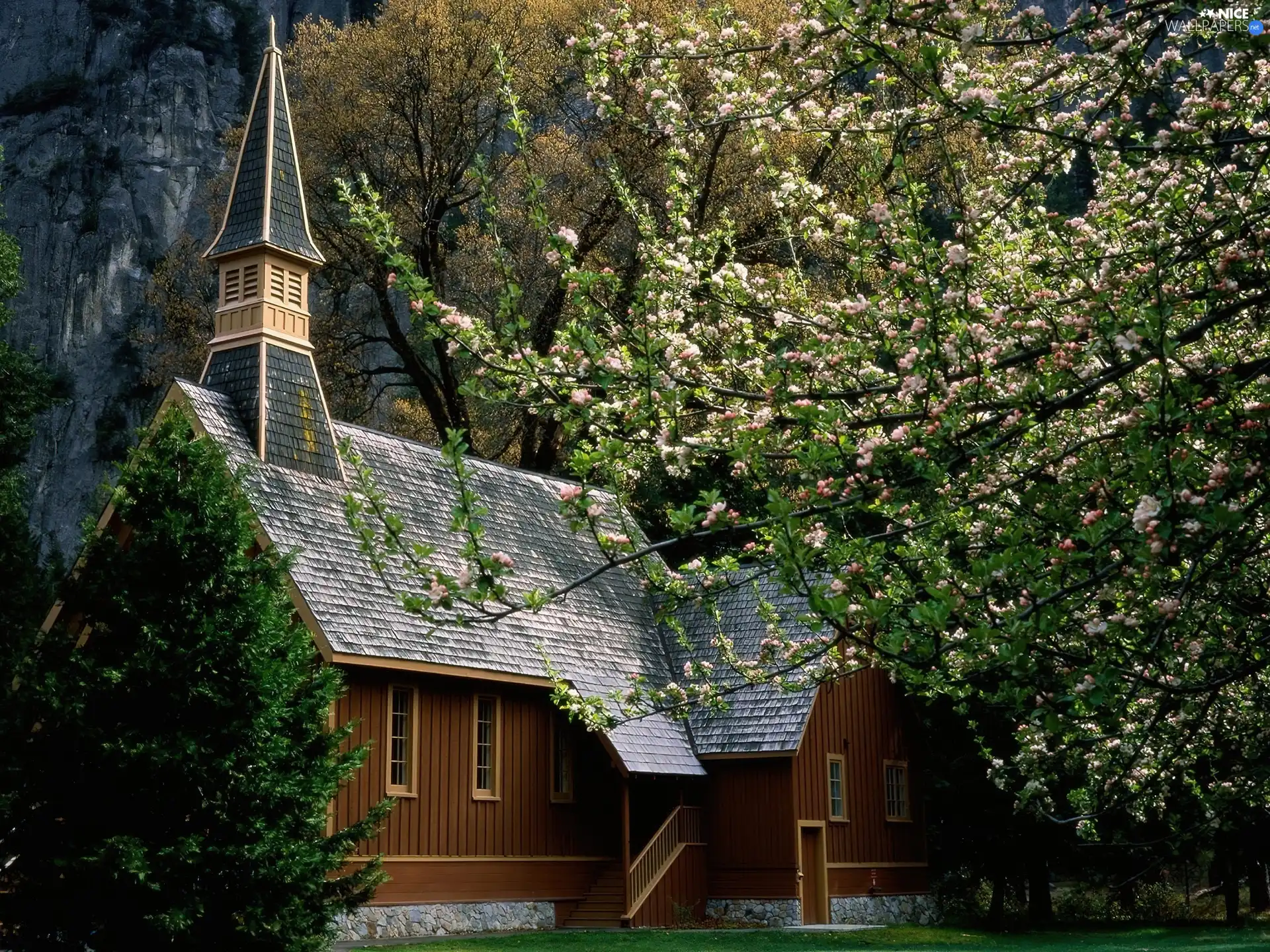 church, trees, viewes, Mountains