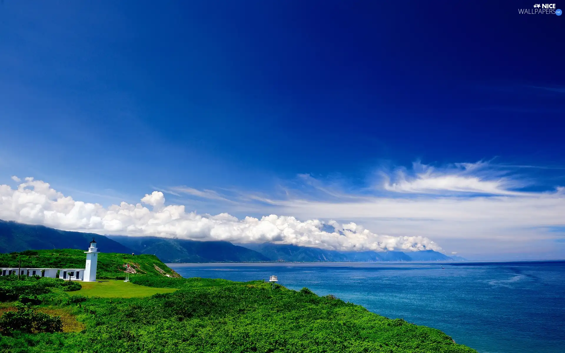 Mountains, clouds, maritime, Coast, Lighthouse