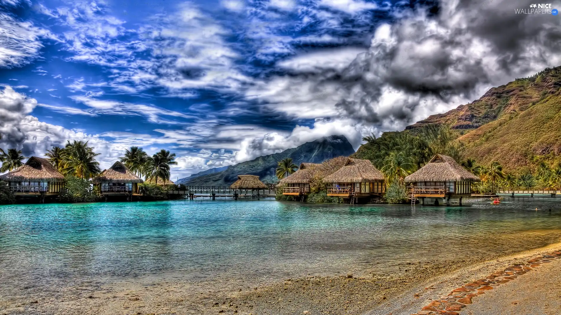 piles, Houses, Mountains, clouds, sea, an