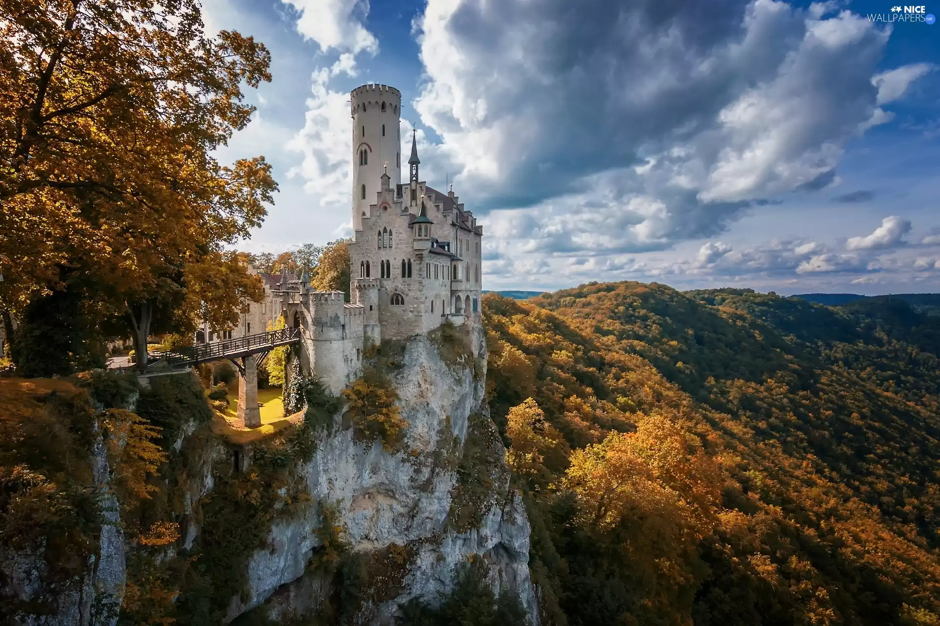 Lichtenstein Castle, Germany, Mountains, woods, rocks, Lichtenstein