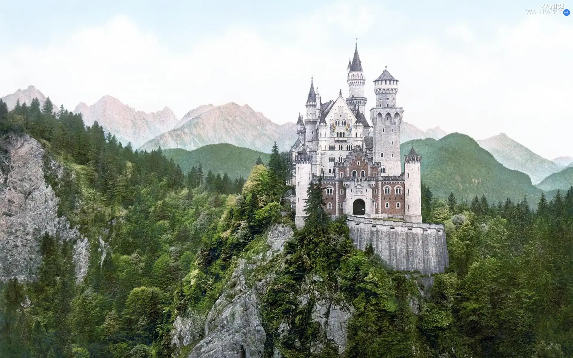 Mountains, Germany, Neuschwanstein, woods, Castle