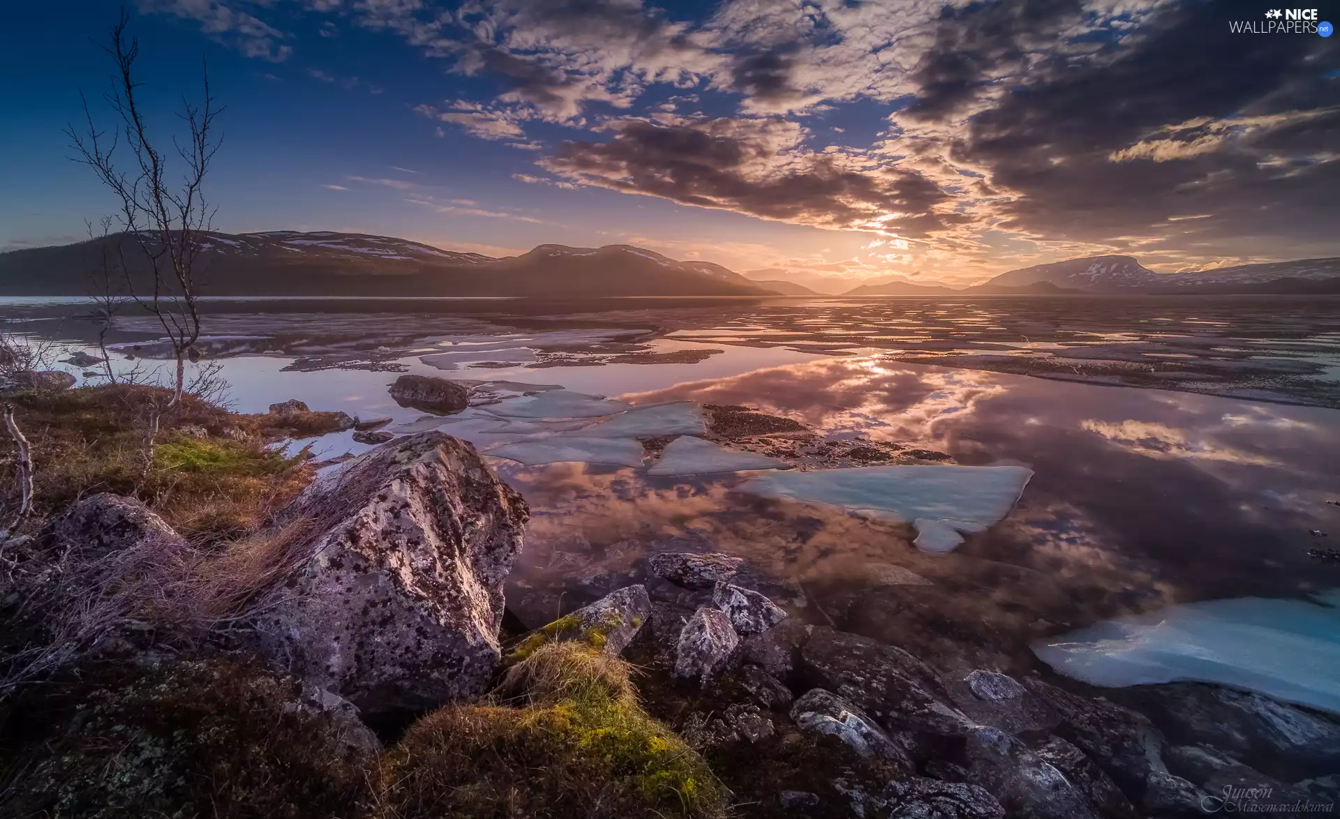 Mountains, lake, Stones, Icecream, winter, clouds, Great Sunsets, Kry