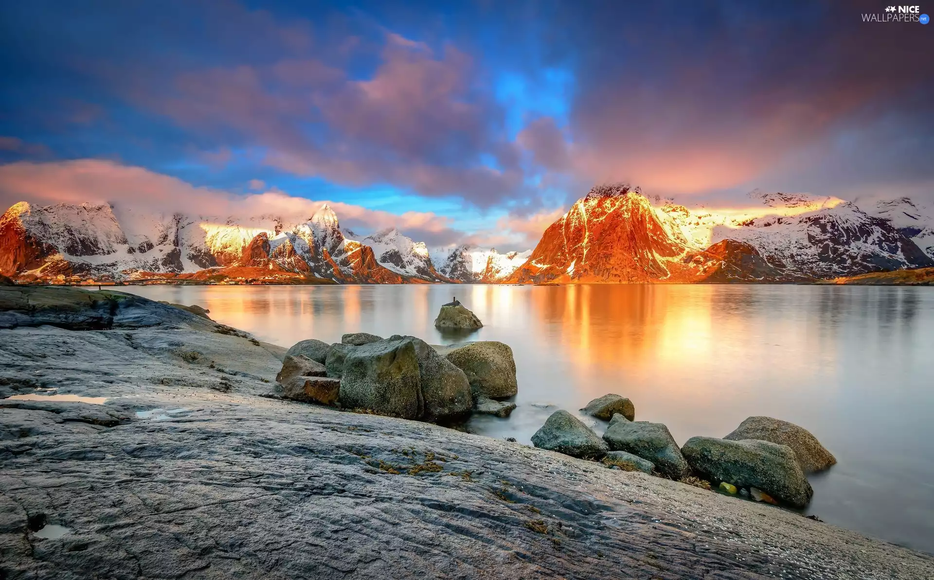 lake, Mountains, Great Sunsets, Stones