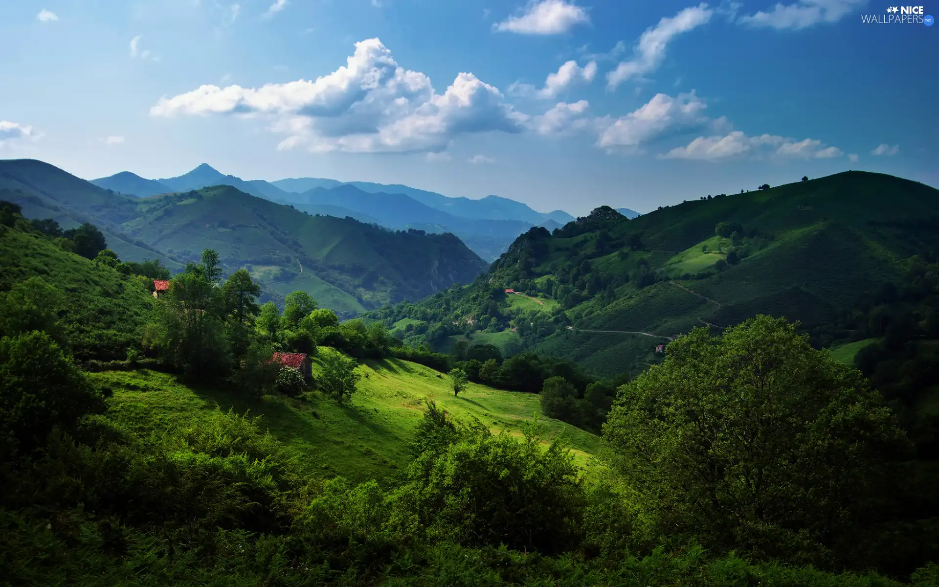 trees, clouds, Houses, The Hills, Sky, viewes, Mountains