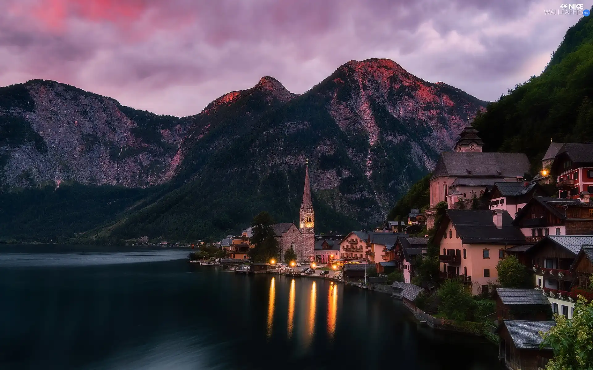 Church, Salzkammergut, Houses, Hallstatt, Austria, Hallstattersee Lake, Mountains