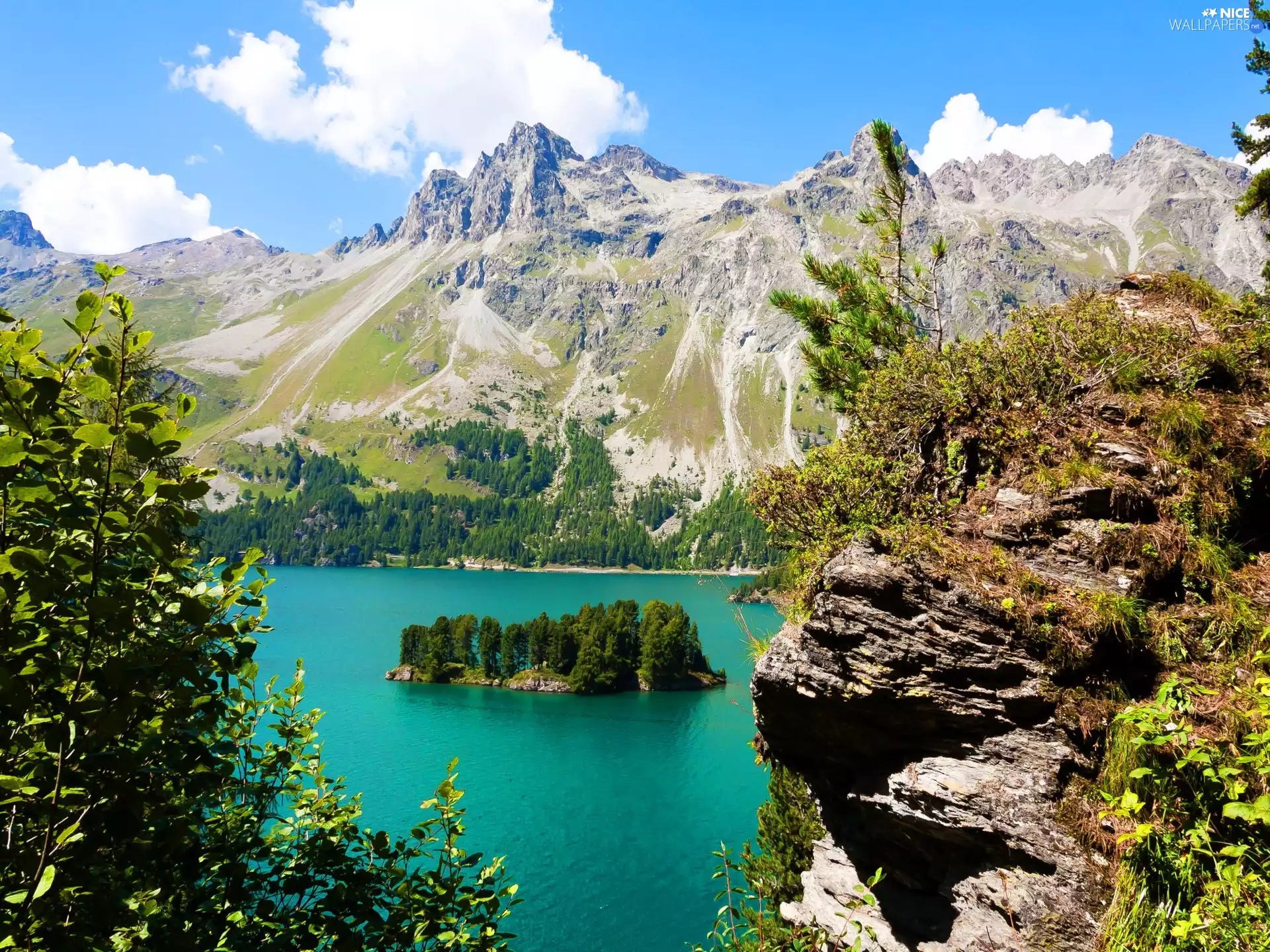 Mountains, lake, Islet