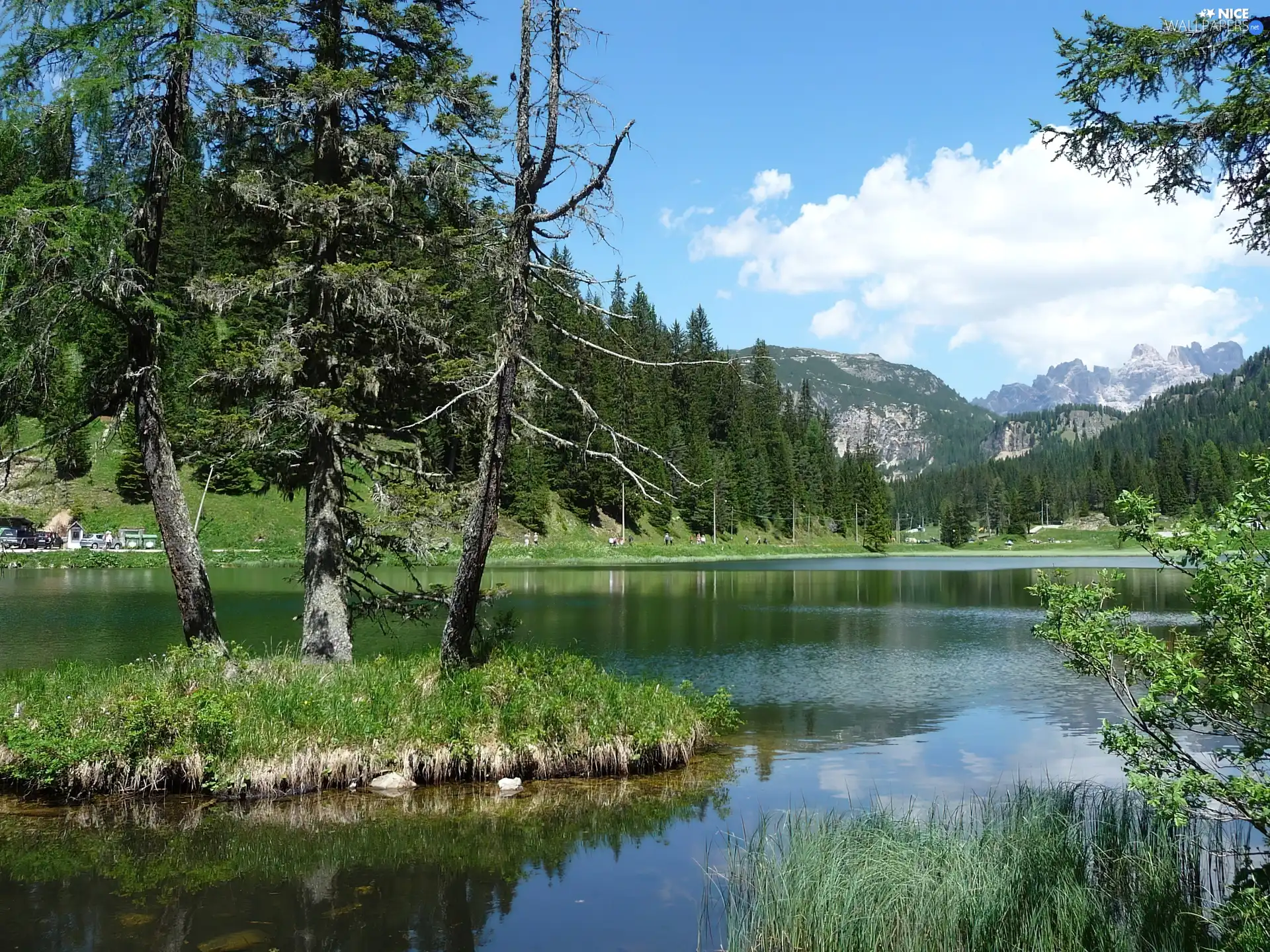 Mountains, lake, Islet